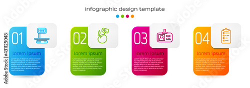 Set line Electronic scales, Supermarket food products with price label, Identification badge and Shopping list. Business infographic template. Vector