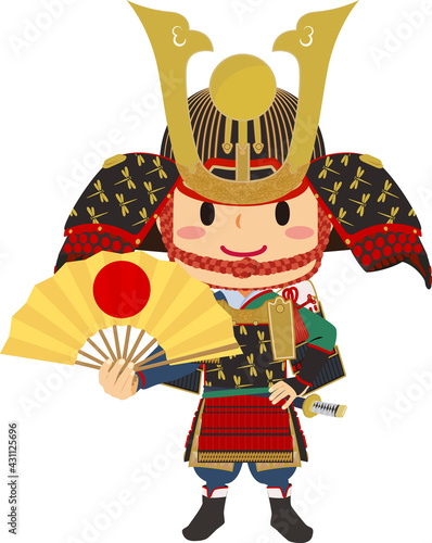 鎧兜を装着して扇を持った男の子