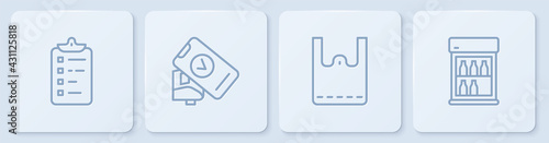 Set line Shopping list, Paper shopping bag, POS terminal and Commercial refrigerator. White square button. Vector