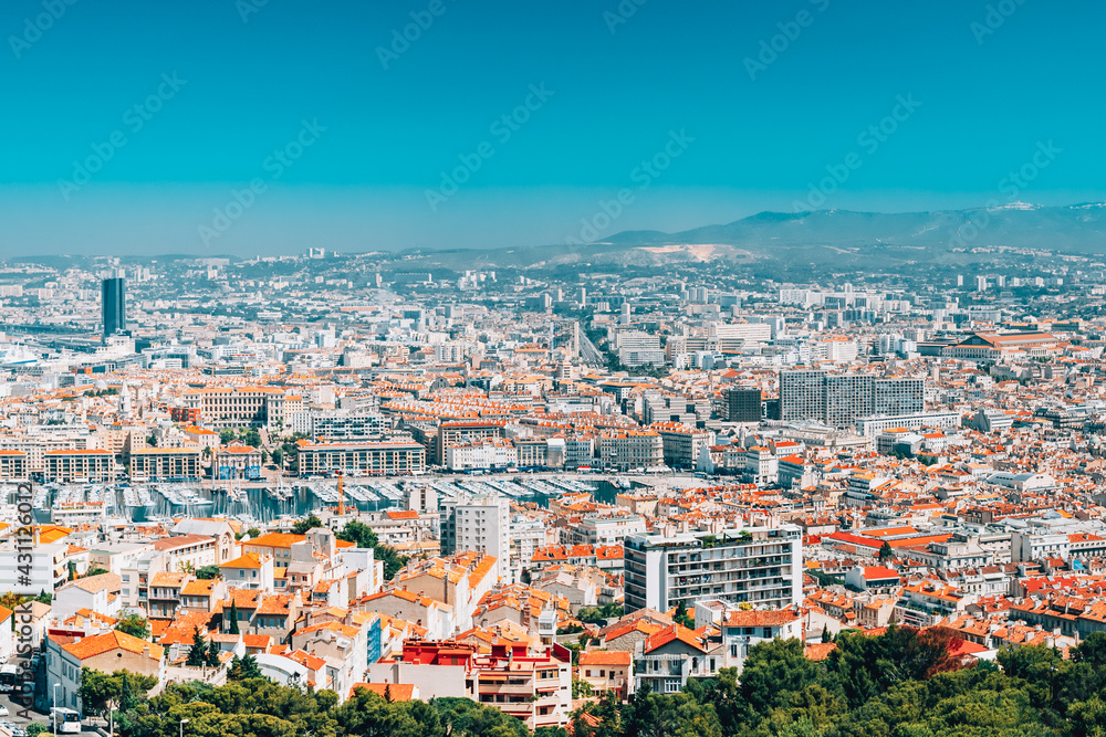 Marseille, France. Elevated View Of Cityscape. Residential Districts And Streets Under Sunny Summer Sky