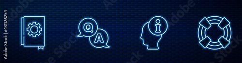 Set line Information, User manual, Question and Answer and Lifebuoy. Glowing neon icon on brick wall. Vector