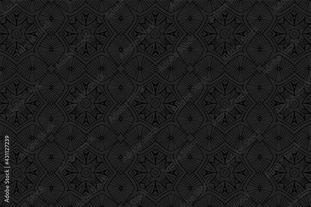 3d volumetric convex geometric black background. Eastern Islamic, Moroccan style. Ornament with ethnic relief pattern. Beautiful stylized wallpapers for presentations, textiles, coloring. 3d volumetric convex geometric black background. Eastern Islamic, Moroccan style. Ornament with ethnic relief pattern. Beautiful stylized wallpapers for presentations, textiles, coloring.