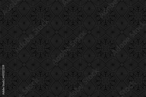 3d volumetric convex geometric black background. Eastern Islamic, Moroccan style. Ornament with ethnic relief pattern. Beautiful stylized wallpapers for presentations, textiles, coloring.