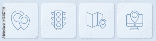 Set line Location, Folded map with location marker, Traffic light and Monitor. White square button. Vector