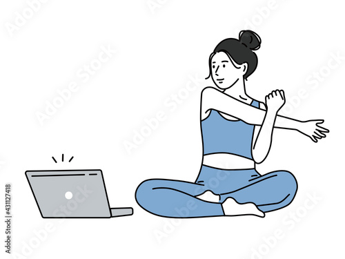 オンラインでフィットネスをする女性(運動、ダイエット、自分磨き、ヨガ、体操、ジム、エクササイズ) Workout girl set. Woman doing fitness and yoga exercises. Lunges and squats, plank and abc. Full body workout.