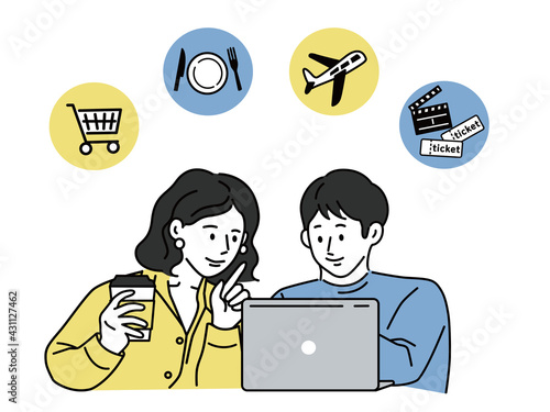 オンラインサービスを利用するカップルのイラスト(買い物、食事、旅行、チケット、キャッシュレス、プラン、検索) On-line Shopping and Network. Vector Illustration. Shopping, food, travel, tickets, cashless, plans, search,
