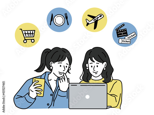 オンラインサービスを利用する友達、カップルのイラスト(買い物、食事、旅行、チケット、キャッシュレス、プラン、検索) On-line Shopping and Network. Vector Illustration. Shopping, food, travel, tickets, cashless, plans, search,