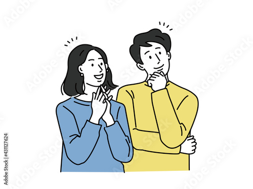 将来設計をする夫婦のイラスト(結婚、出産、マイホーム、仕事、両立、理想、夢、現実、資産、ローン、目標)
Husband and wife, couple dreaming about children. Traditional values. Family planning, family health services, prepare to become parents concept. 