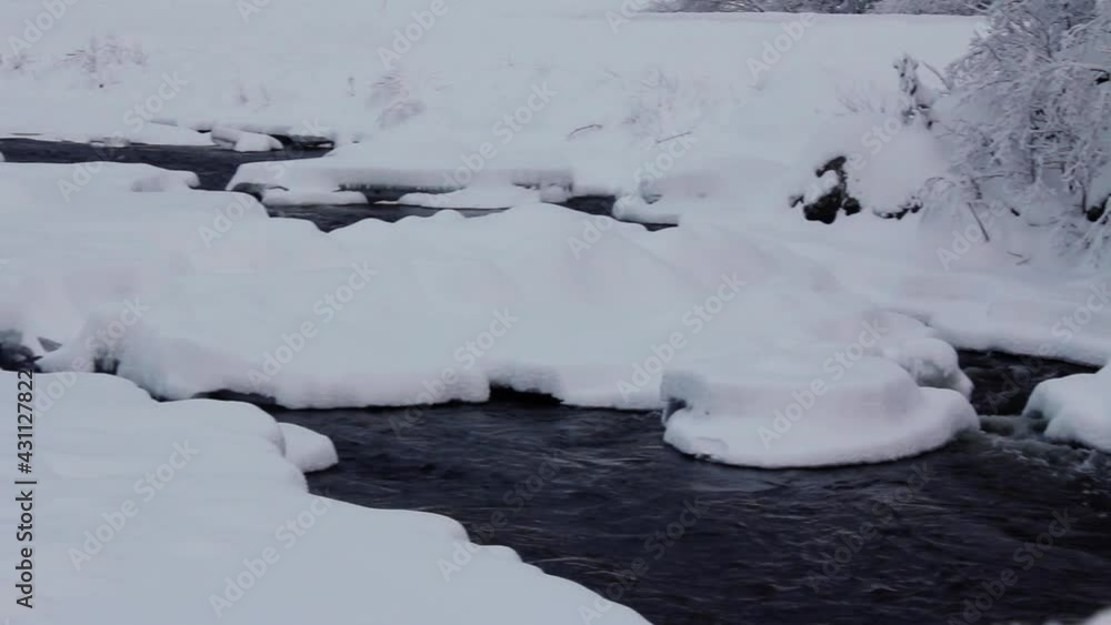 Stream in the mountains. River in the snowy mountains. Winter landscape in the mountains. Ice on the river Stream in the mountains. River in the snowy mountains. Winter landscape in the mountains. Ice on the river