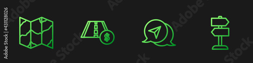Set line Infographic of city map navigation, Folded, Toll road traffic sign and Road. Gradient color icons. Vector