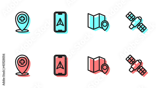 Set line Folded map with location marker, Location cross hospital, City navigation and Satellite icon. Vector
