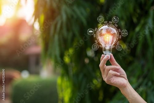 hand holding light bulb against nature, icons energy sources for renewable,