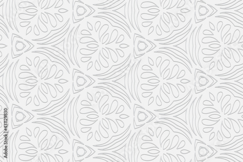 3d volumetric convex geometric white background. Eastern Islamic, Moroccan style. Ornament with ethnic relief pattern. Minimalistic exotic wallpapers for presentations, coloring.