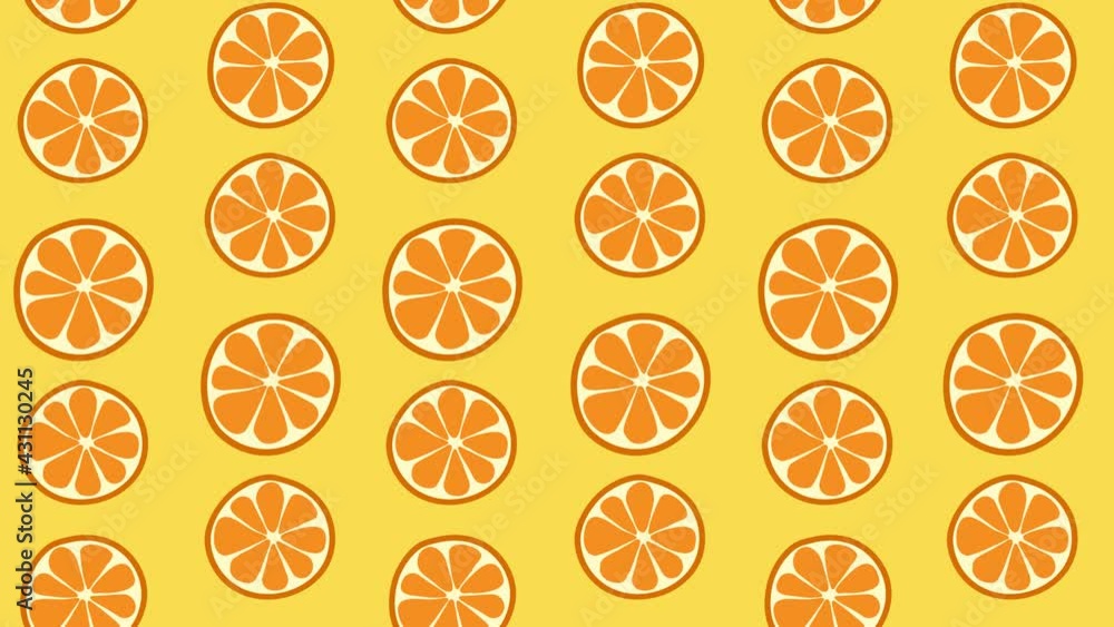Seamless loop animation of orange slices image. Rotation citrus on a yellow background. Image of Orange. Yellow pattern with orange fruit. Seamless loop animation of orange slices image. Rotation citrus on a yellow background. Image of Orange. Yellow pattern with orange fruit.