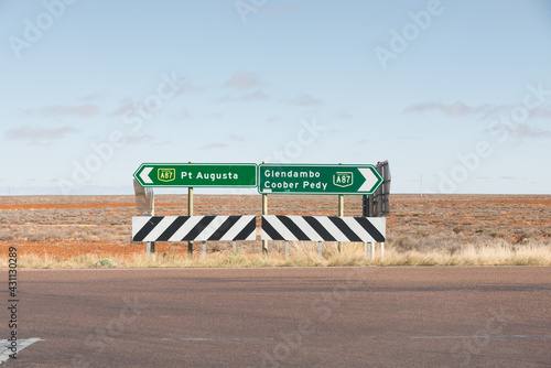 Australian road sign on Sturt Higway neat Marla South Australia with directions to Port Augusta, Glendambo and Coober Pedy