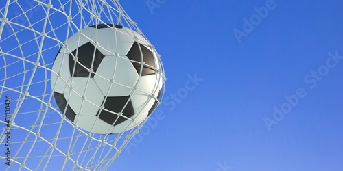Soccer football. Soccer ball in goal net on blue background. 3d illustration
