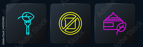 Set line Vegan food diet, Organic cosmetic and Gluten free grain. Black square button. Vector