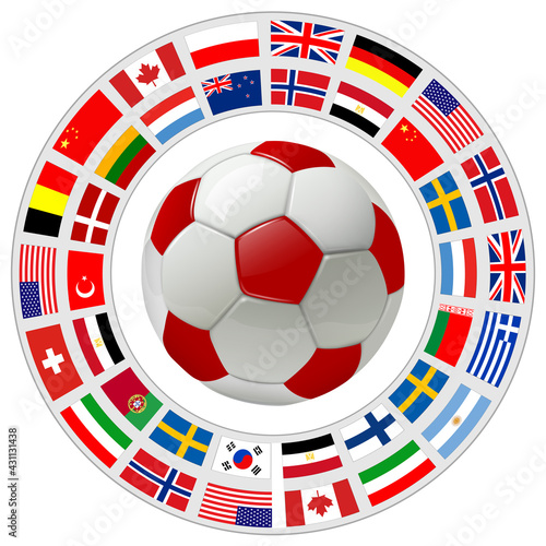 Soccer ball 3D icon with a ring of flags around as international sport vector symbol.