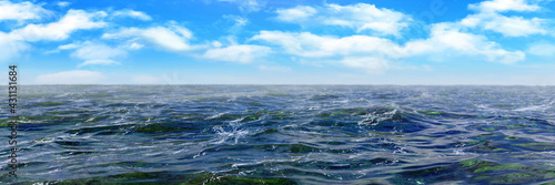 Ocean natural background, horizontal panorama with blue sky and cumulus clouds, with calm water, 3D render illustration.