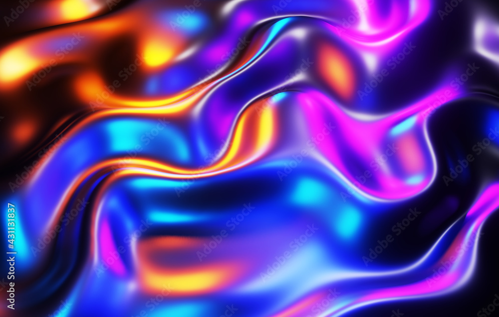 Abstract background, liquid metal waves with neon colors, interesting texture 3D Render illustration. Abstract background, liquid metal waves with neon colors, interesting texture 3D Render illustration.
