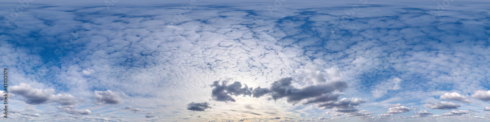 Seamless cloudy blue sky hdri panorama 360 degrees angle view with zenith and beautiful clouds for use in 3d graphics as sky dome or edit drone shot Seamless cloudy blue sky hdri panorama 360 degrees angle view with zenith and beautiful clouds for use in 3d graphics as sky dome or edit drone shot
