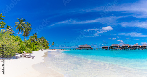 Island view of Maldives island  luxury water villas resort and wooden pier. Beautiful sky and ocean lagoon beach  palms sand. Summer vacation holiday and travel concept. Paradise shore coast landscape