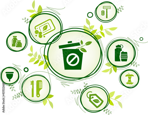 Zero waste vector illustration. Green concept with icons related to minimalism, sustainable living, frugalism or no plastic lifestyle, resource saving, ecology, using eco-friendly recyclable products.