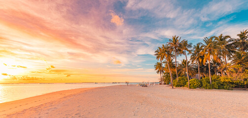 Rideaux Beige Island palm tree sea sand beach. Panoramic beach landscape. Inspire tropical beach seascape horizon. Orange and golden sunset sky calmness tranquil relaxing summer mood. Vacation travel holiday banner  © icemanphotos