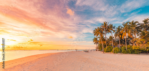 Island palm tree sea sand beach. Panoramic beach landscape. Inspire tropical beach seascape horizon. Orange and golden sunset sky calmness tranquil relaxing summer mood. Vacation travel holiday banner