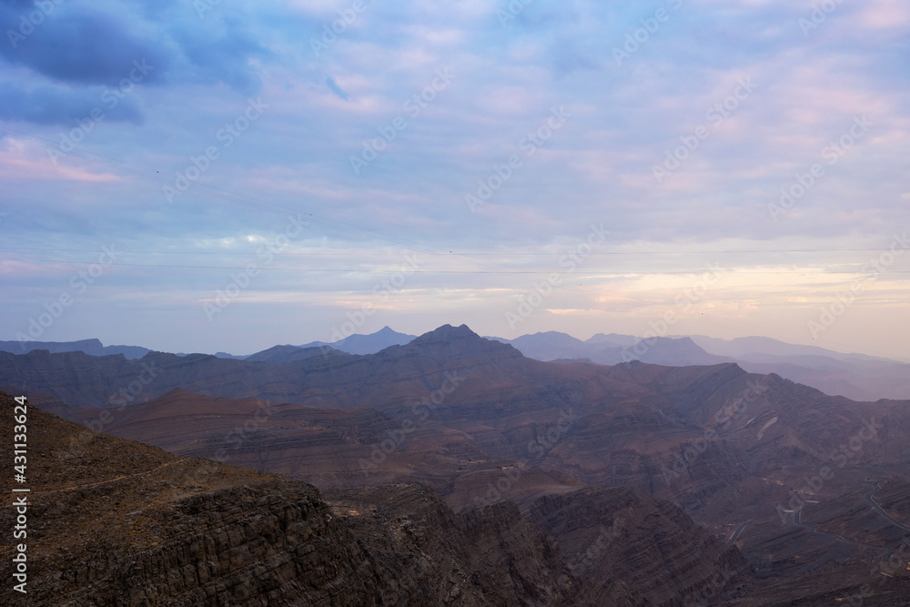 A view of the majestic Jebel Jais mountain in Ras Al Khaimah, United Arab Emirates from the highest viewing area.