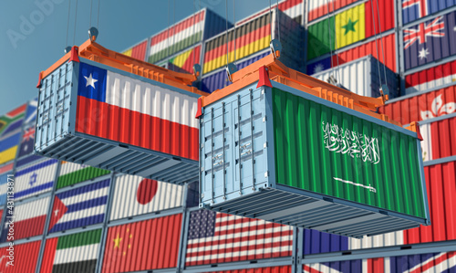 Freight containers with Saudia Arabia and Chile national flags. 3D Rendering © Marius Faust