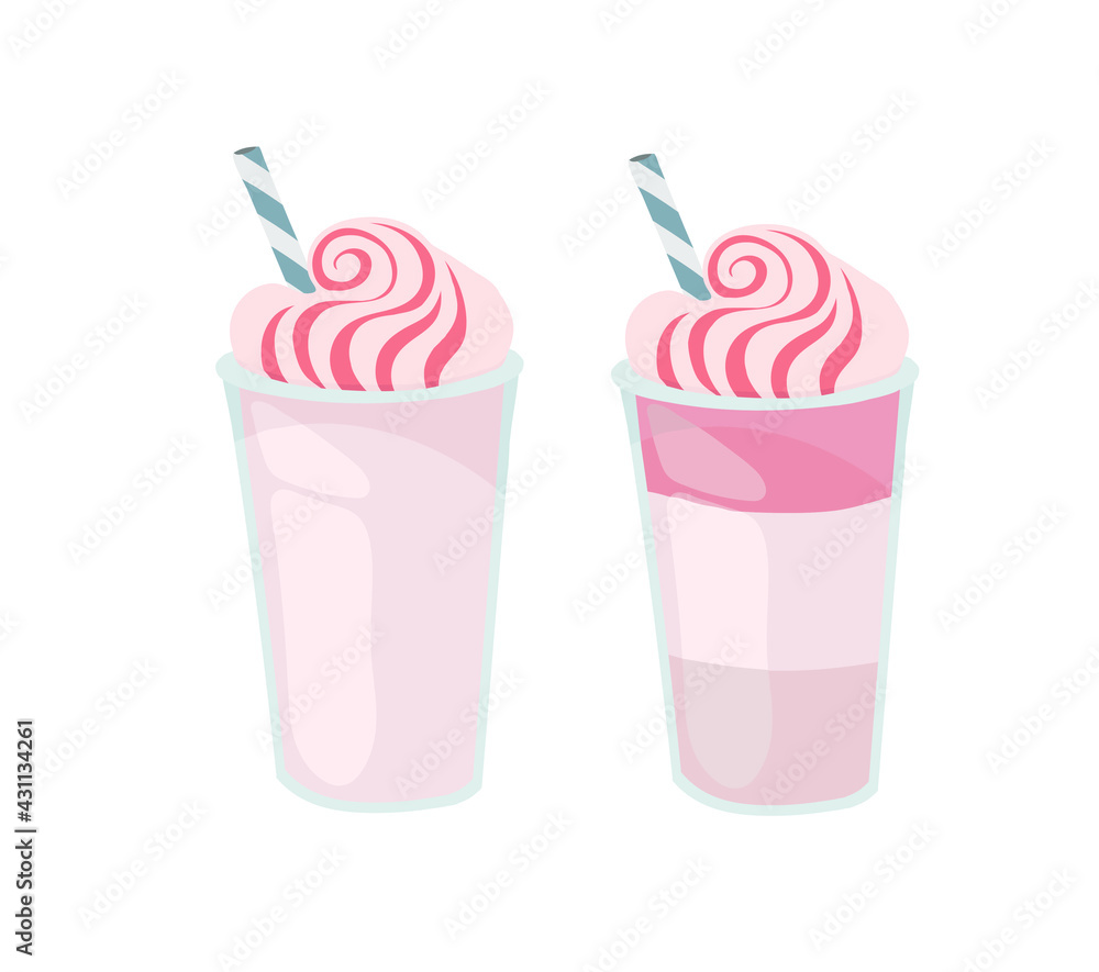 Clear plastic cup with a straw. Ice cream, milkshake. Juice, cocktail, smoothie. Outline vector illustration on a white background.