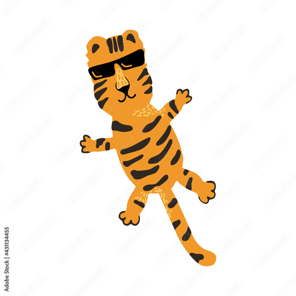 Cute vector graphic little tiger. Chinese 2022 year symbol. Year of tiger. Cartoon mascot. Smiling adorable character. Orange illustration of wild exotic animal isolated on white background. Cute vector graphic little tiger. Chinese 2022 year symbol. Year of tiger. Cartoon mascot. Smiling adorable character. Orange illustration of wild exotic animal isolated on white background.