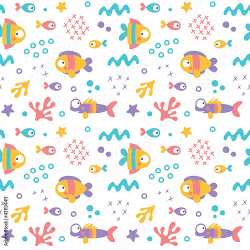 Marine seamless vector cute pattern with fishes and algae