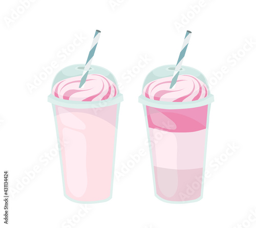 Plastic cup with plastic lid. Ice cream, milkshake. Juice, cocktail, smoothie. Outline vector illustration on a white background.