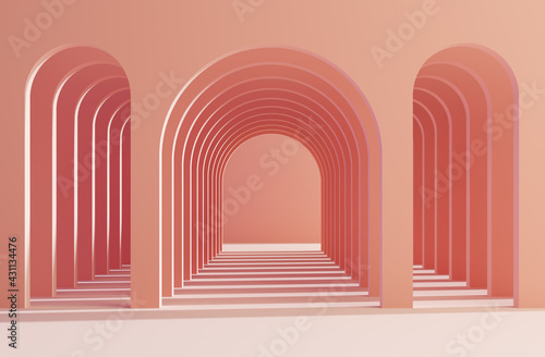 Futuristic modern interior with arch rhythm in pink color tone. 3d illustration
