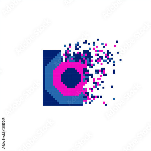 Pixel art tile disintegration into pixels, illustration for graphic design