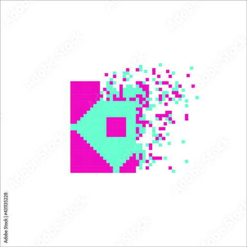 Pixel art tile disintegration into pixels, illustration for graphic design