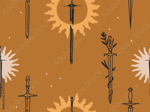 Hand drawn vector abstract flat stock graphic mystic magic illustration line art seamless pattern with celestial sun silhouette,flowers,sword and simple magical occult elements on color background.