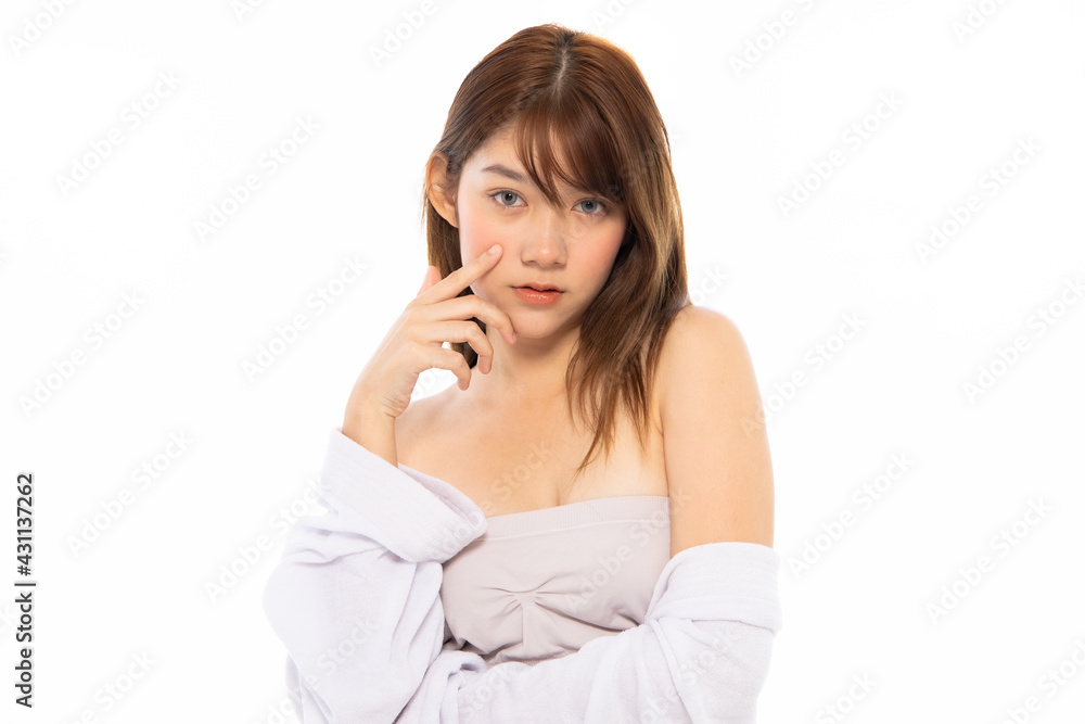 Beautiful Young Asian Woman with Clean Fresh Skin. Face care, Facial treatment isolated white background, Cosmetology, beauty and healthy skin and cosmetic ideas concept. Beautiful Young Asian Woman with Clean Fresh Skin. Face care, Facial treatment isolated white background, Cosmetology, beauty and healthy skin and cosmetic ideas concept.