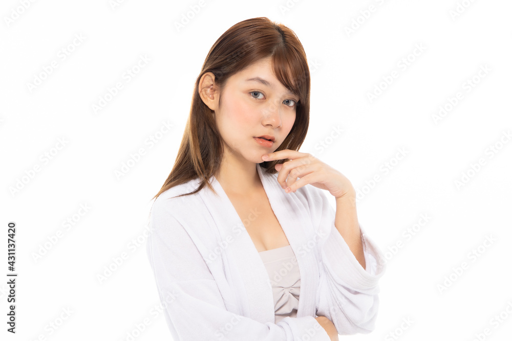 Beautiful Young Asian Woman with Clean Fresh Skin. Face care, Facial treatment isolated white background, Cosmetology, beauty and healthy skin and cosmetic ideas concept. Beautiful Young Asian Woman with Clean Fresh Skin. Face care, Facial treatment isolated white background, Cosmetology, beauty and healthy skin and cosmetic ideas concept.