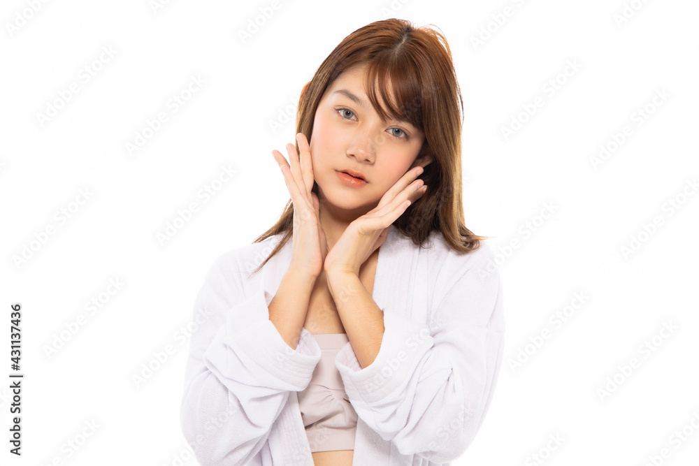 Beautiful Young Asian Woman with Clean Fresh Skin. Face care, Facial treatment isolated white background, Cosmetology, beauty and healthy skin and cosmetic ideas concept. Beautiful Young Asian Woman with Clean Fresh Skin. Face care, Facial treatment isolated white background, Cosmetology, beauty and healthy skin and cosmetic ideas concept.