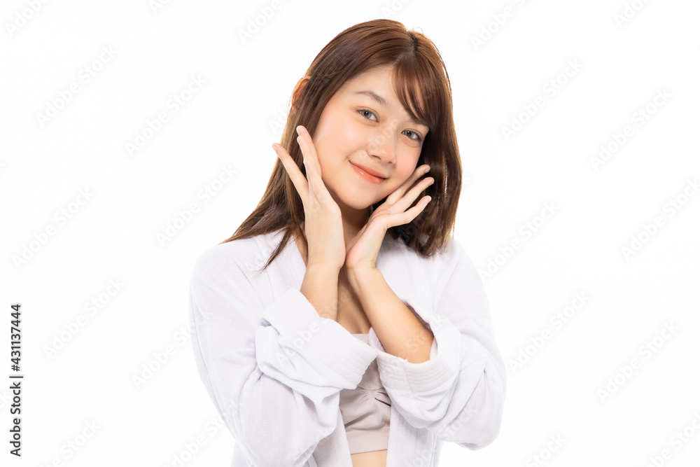 Beautiful Young Asian Woman with Clean Fresh Skin. Face care, Facial treatment isolated white background, Cosmetology, beauty and healthy skin and cosmetic ideas concept. Beautiful Young Asian Woman with Clean Fresh Skin. Face care, Facial treatment isolated white background, Cosmetology, beauty and healthy skin and cosmetic ideas concept.