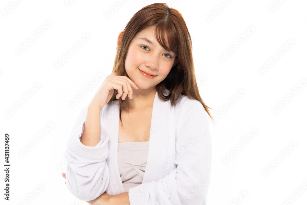 Beautiful Young Asian Woman with Clean Fresh Skin. Face care, Facial treatment isolated white background, Cosmetology, beauty and healthy skin and cosmetic ideas concept. Beautiful Young Asian Woman with Clean Fresh Skin. Face care, Facial treatment isolated white background, Cosmetology, beauty and healthy skin and cosmetic ideas concept.