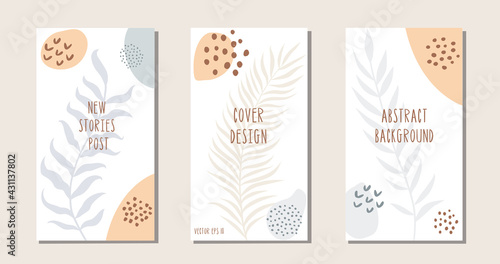 Social media stories and post creative Vector set. Background template with space for text and images design with abstract colored shapes, botanical art lines.