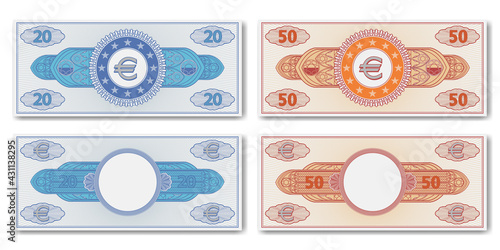 A set of paper fictional EU money. Obverse and reverse of banknotes or certificates in denominations of 20 and 50 euros