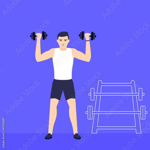 Man training shoulders, workout with dumbbells vector