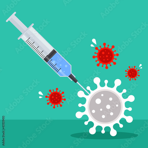 A medical syringe injects the vaccine into a virus. Creative concept of coronavirus vaccination. Covid-19 protection. Defeat covid. Trendy cute cartoon vector illustration. Flat style graphic design.
