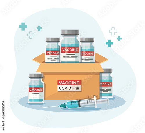 box of coronavirus vaccine. Vaccination and anti virus concept. Vector illustration