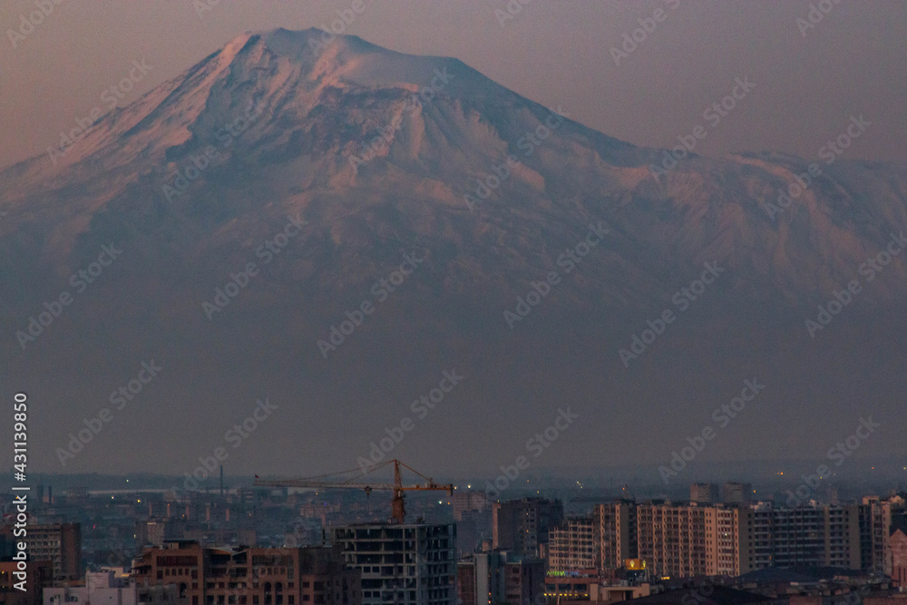 Sunset at Yerevan City, view with majestic Ararat mountain, Armenia